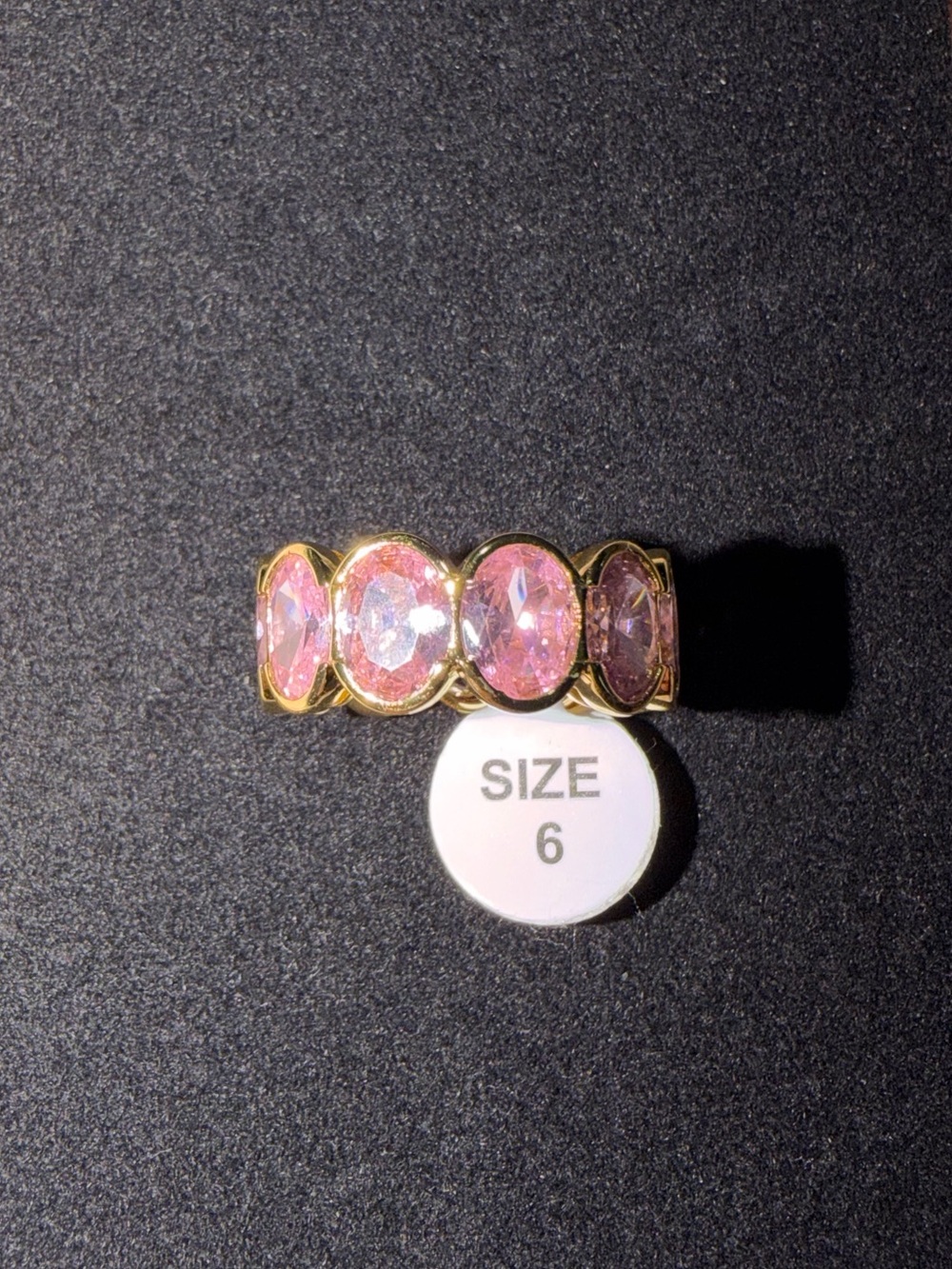 Gold Band Ring with Pink Oval CZ Stones - Size 6